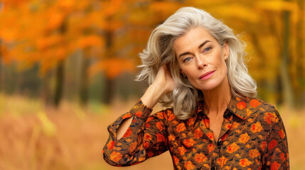 Stylish middleaged woman glancing over her shoulder, her floral shirt and confident pose highlight her elegance.