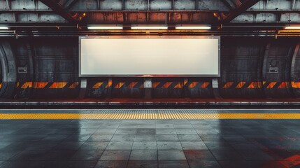 An empty billboard waits for creative ads in a subway station, set on a dark platform that highlights modern transit vibes.