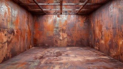 Obraz premium Explore a vast, empty room with rusted metal sheets that create a striking yet eerie architectural atmosphere.