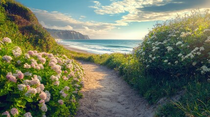 Obraz premium Scenic Coastal Pathway Surrounded by Vibrant Flowers and Sea Views