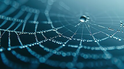 Obraz premium A delicate spiderweb glistens with dew, showcasing natures intricate design against a moody backdrop.