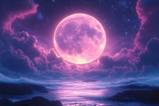 Pink full moon rising over calm ocean, surrounded by purple clouds and stars. - Powered by Adobe