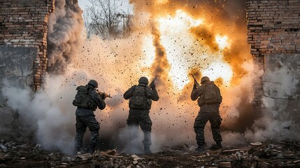 Soldiers Engage in Combat Amidst Explosion and Smoke Effects