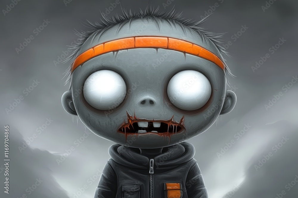 Poster a whimsically designed, cartoon robot with a troubled expression, positioned in a cloudy scene.
