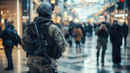 Armed Soldier in Busy Urban Shopping Mall with Colorful Lights