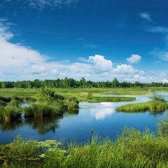 Fototapeta premium Lush Green Wetlands: A Scenic Haven of Wildlife and Natural Beauty