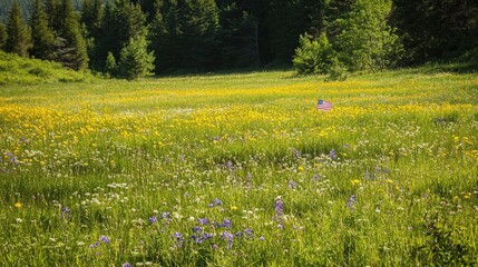 Obraz premium Sunny spring field with wildflowers and an American flag, natural lighting and vibrant outdoor atmosphere, clean composition,