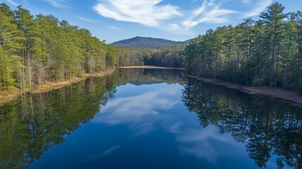 Obraz premium Serene Reflection of Trees and Clouds on Calm Mountain Lake