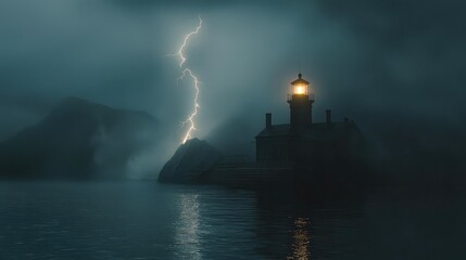 Mysterious Lighthouse Amidst Stormy Seas and Striking Lightning