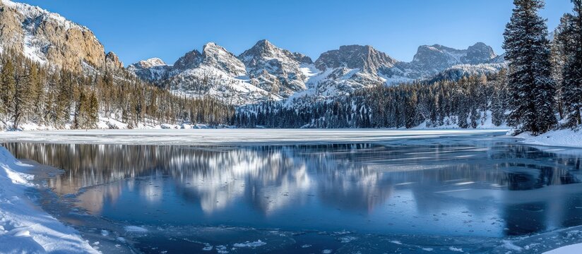 Serene frozen lake reflecting the snowy mountains surrounding it, clear winter day