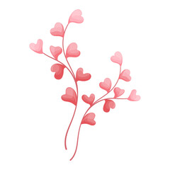 Beautiful twigs with pink heart shaped leaves isolated on white background. Vector botanical element for Valentine s Day. Perfect for romantic cards, logo, decorations, spring and summer designs.