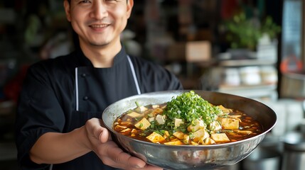 Cheerful Asian male chef presenting a delicious bowl of spicy tofu dish garnished with fresh green onions.