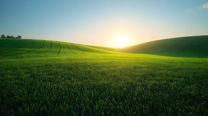 Obraz premium Sunset over rolling green field.