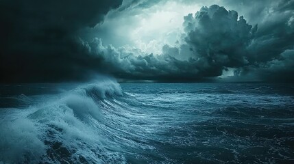 Obraz premium Dramatic Stormy Ocean Waves Under Dark Clouds and Mysterious Sky