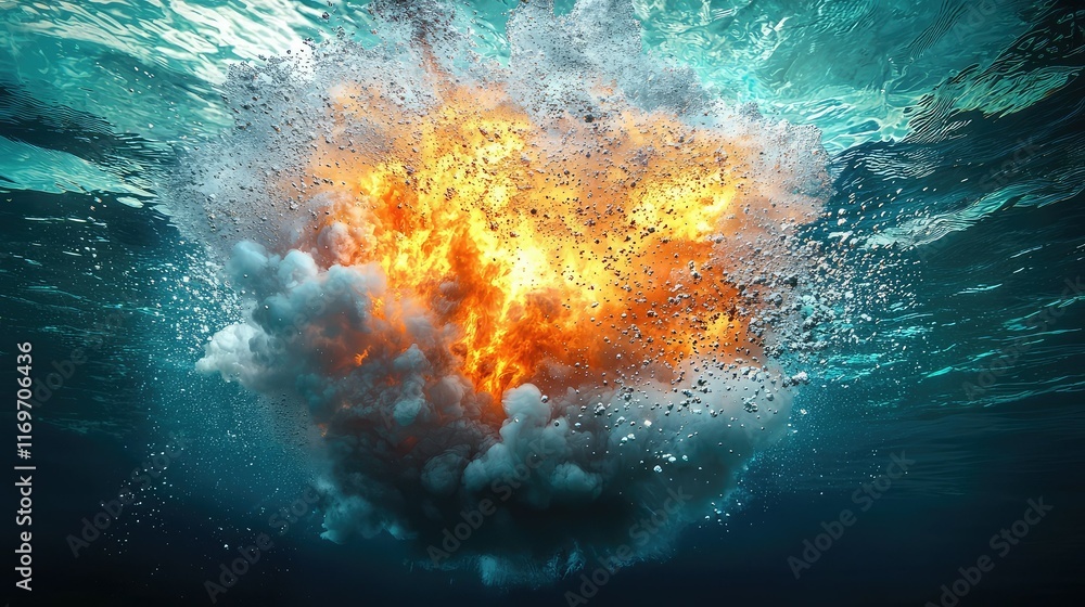 Poster underwater explosion creating fiery clouds and turbulent waves