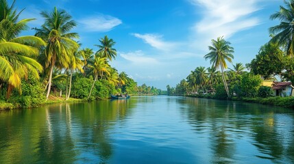 Obraz premium Serene riverside scene with lush greenery and calm waters under bright blue skies, vibrant natural colors, clean minimalistic composition,