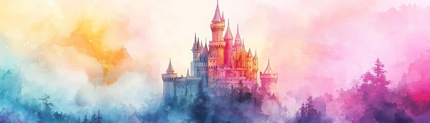 Fototapeta premium Dreamy Watercolor Castle Pastel Colors