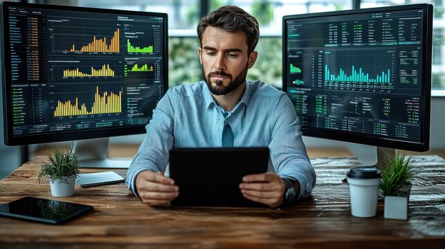 Man analyzing data on multiple screens at a desk.