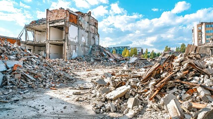 Urban Demolition Site with Debris Under Bright Blue Sky