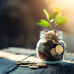 Investment growth with coins and plant in jar.