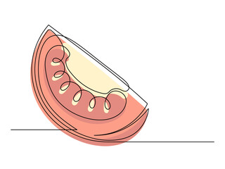 Continuous one line red tomato slice isolated on white background. Simple vegetable silhouette. Hand drawn tomato outline. Vector illustration