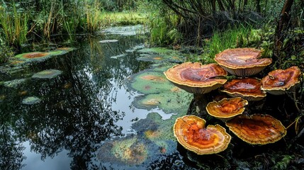 Vibrant Fungi Grows Near Serene Water Body in Lush Forest Setting