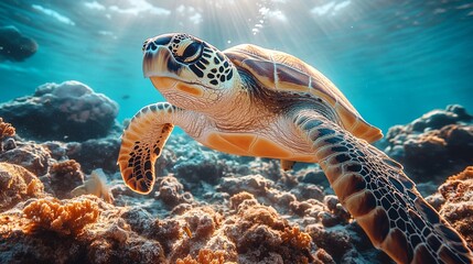 Obraz premium Turtle Underwater with Coral Landscape
