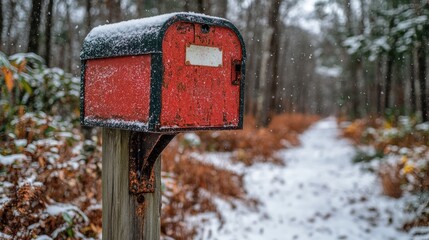 A red mailbox in a snowy forest setting.