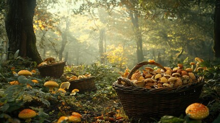 Obraz premium Baskets Filled with Freshly Collected Mushrooms in Mystical Forest