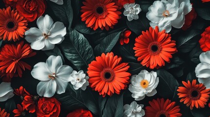 Obraz premium Lush floral pattern featuring coral gerbera daisies and white gardenias, densely packed with intricate details, soft shadows and vibrant highlights, minimalist artistic design
