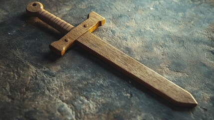 Wooden toy sword with a simple design, isolated, soft natural light