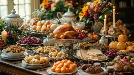 Festive table filled with a variety of foods.