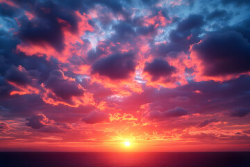 Fototapeta premium Vibrant sunset over calm ocean with colorful clouds.