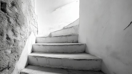 Tall staircase with no handrails, steep fall visible on both sides, fear of falling or heights
