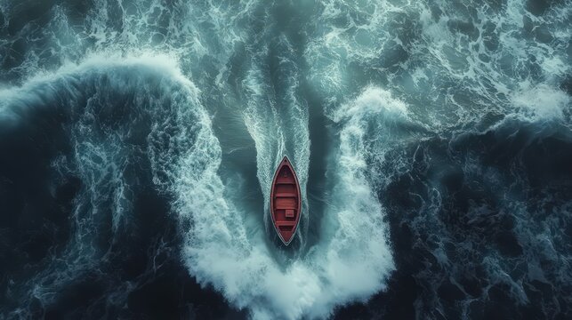 Towering waves crashing violently, a small boat lost in the chaos, representing fear of large bodies of water