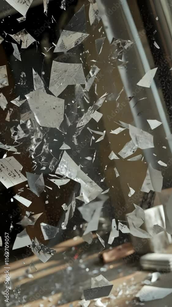 Poster shards of glass scatter in a dynamic explosion, capturing the moment of impact in a close-up shot