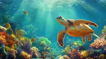 Obraz premium Sea turtle swimming near a coral reef, vibrant marine life in the background, clear turquoise water, serene and vibrant mood,