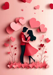 Paper art-style illustration of a couple embracing, surrounded by floating hearts in a romantic and Valentine’s Day theme