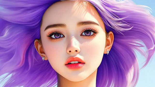 A young girl with lavender bob hair and bright eyes, radiating youth and charm in a vibrant anime style artwork.