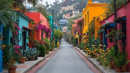 Fototapeta premium Colorful Houses, Flowers, Street: Vibrant Neighborhood