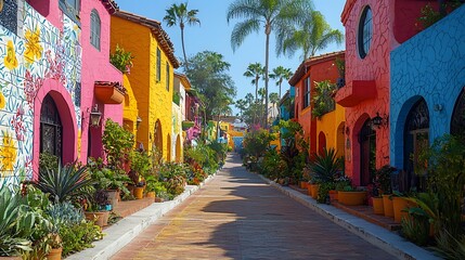 Fototapeta premium Vibrant Colorful Houses Street Palm Trees