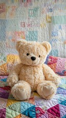 Plush teddy bear sitting on a colorful quilt in a cozy nursery, soft natural lighting, inviting atmosphere,
