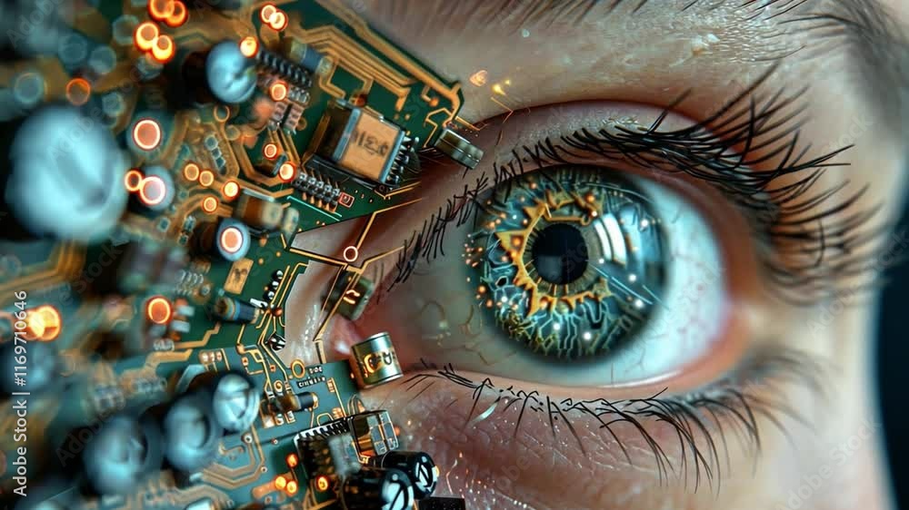 Leinwandbilder a captivating close-up reveals a robotic eye intricately designed with circuit patterns. the eye ref