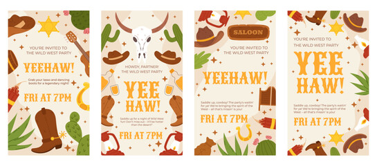Wild West Party Invitation Set with Cowboy Hats, Cactus, Western Icons, and Yeehaw Text for Themed Event Vertical Social Media Stories
