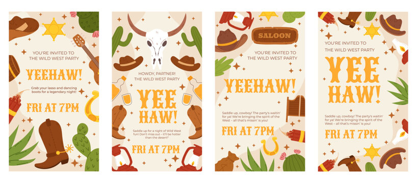 Wild West Party Invitation Set with Cowboy Hats, Cactus, Western Icons, and Yeehaw Text for Themed Event Vertical Social Media Stories