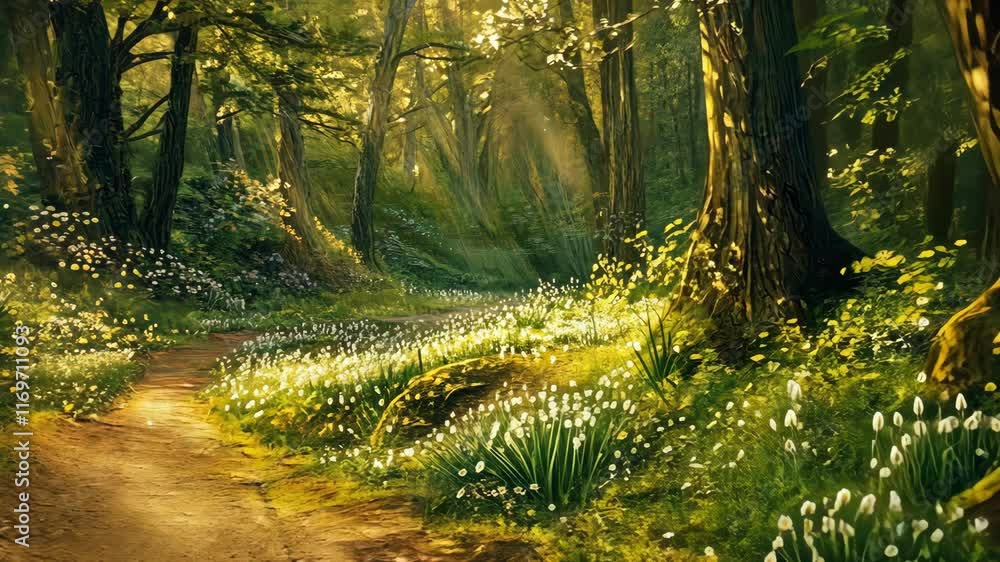 Poster sunlight streams through trees illuminating a serene forest path adorned with wildflowers in spring