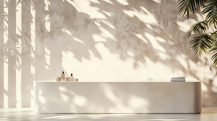 Empty modern, minimal counter in dappled sunlight and tropical tree foliage leaf shadow on cream white wall for luxury beauty, fashion cosmetic product display background Dapplewood. Illustration