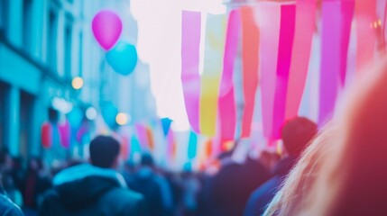 Fototapeta premium Colorful Celebration with Balloons and Banners in a Bustling City Street During Festivities, Vibrant Atmosphere Filled with Joy and Community Spirit