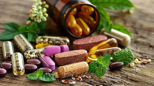 Various nutraceutical capsules and tablets are artfully arranged with fresh herbs on a rustic wooden surface, showcasing their vibrant colors and natural ingredients.