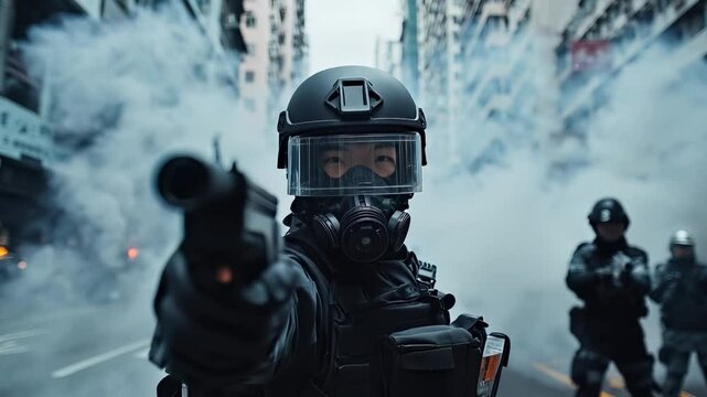 Masked riot officer aiming during street protests with explosions and smoke.